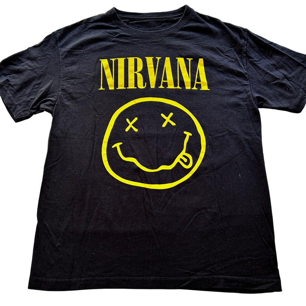 Nirvana Smiley Face Graphic Band T-Shirt Black‎ Yellow Mens Small 90s Grunge Tee